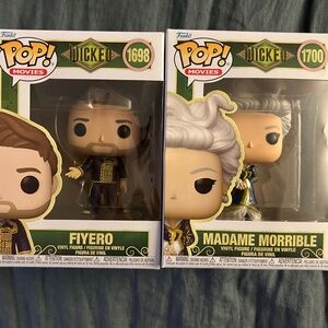 NIB Funko Pop Wicked1698 & 1700, Fiyero and Madame Morrible figures in box.